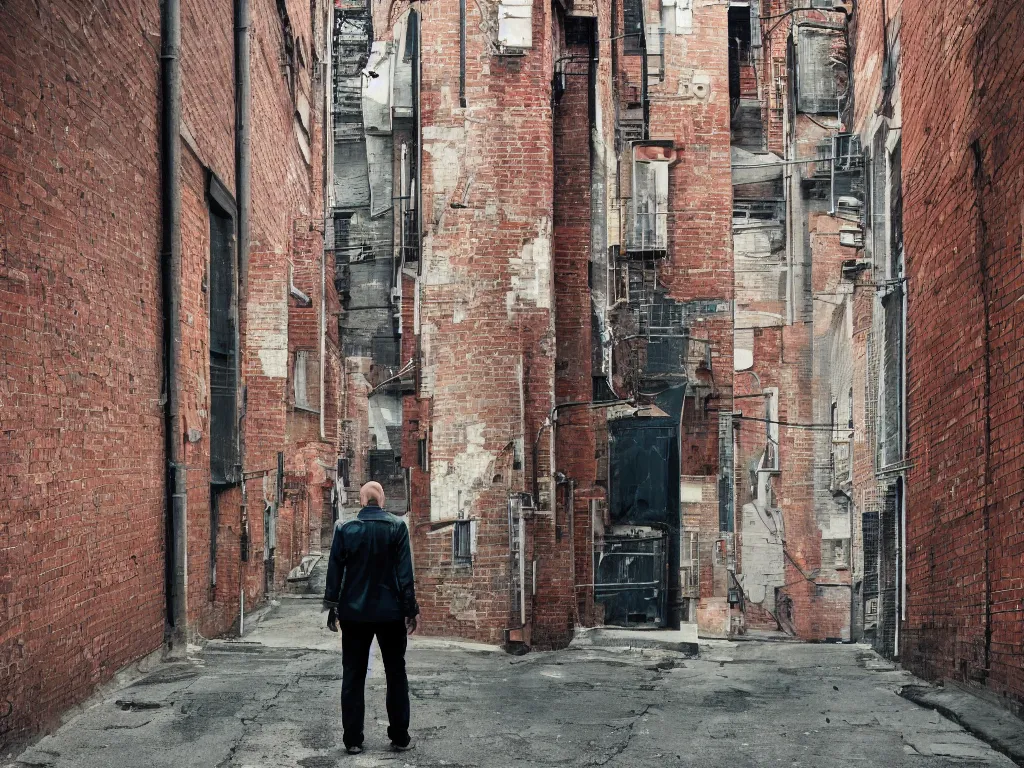 Prompt: paranoid android on the run, around the corner ,down the alley of a big city with brick buildings and street lights.