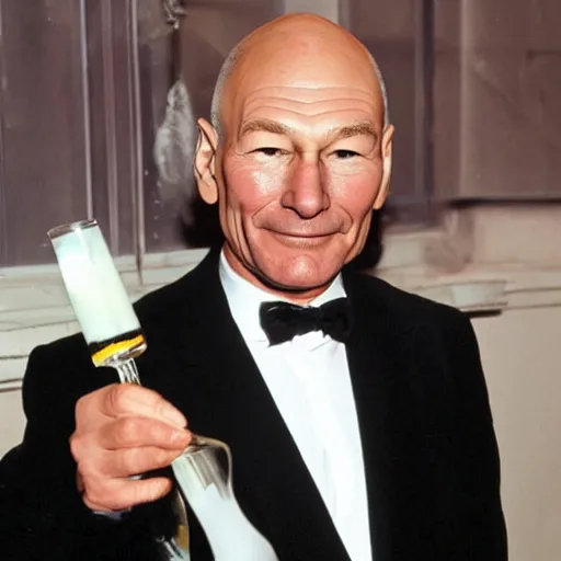 Prompt: patrick stewart drinking alcohol dressed in gown