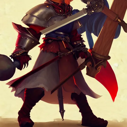 Prompt: heroic character design of anthropomorphized fox, holy medieval crusader holding enormous battle mace, whimsical fox , portrait, fighting posture, dramatic pose, final fantasy tactics character design, character art, whimsical, vibrant, stunning, lighthearted, concept art, volumetric lighting, highly detailed, Akihiko Yoshida