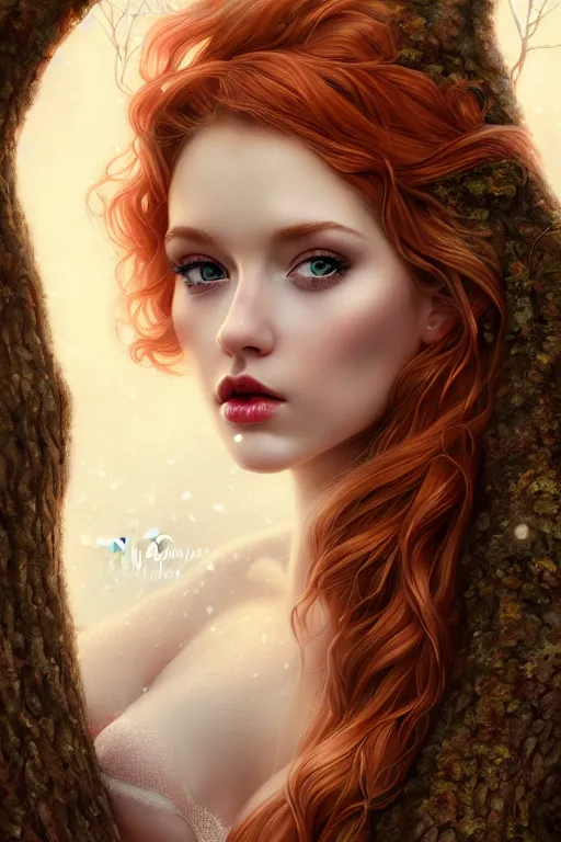 Prompt: artistic portrait of an innocent dryad, wearing maple leaf lingerie, perfect fit body, long strawberry blonde hair, beautiful eyes and lips, dead tree stump, winter setting, snow, art by artgerm and wlop and brom, highly detailed, 8 k, cinematic, digital painting, sharp focus, illustration, masterpiece