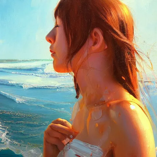 Image similar to oil painting by ilya kuvshinov,, baugh casey, artgerm craig mullins, coby whitmore, of a youthful japanese girl, long hair, wet sundress walking along the coast, highly detailed, breathtaking face, studio photography, noon, intense bounced light, water reflection, large tree casting shadow, serine intense sunlight in the style of zack snyder