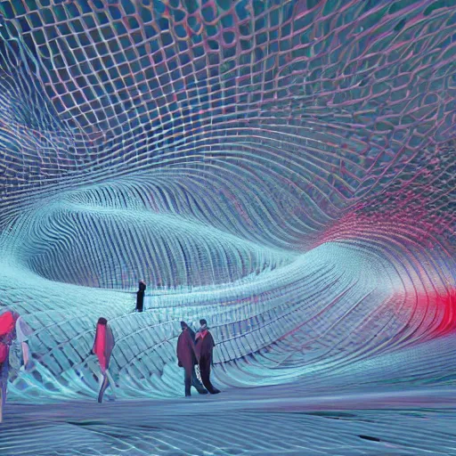 Image similar to ethereal realm, parametric flow, fractals, central shot, geometrical forms, parametric architecture, futuristic, artistic, models walking, people, crowd, red, blue, organic forms, concrete, curves, vray, octane render.