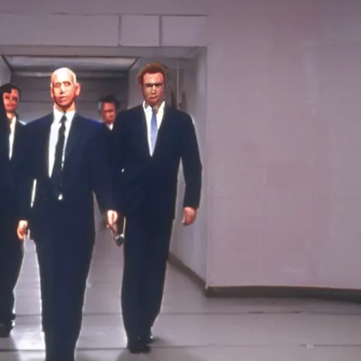 Image similar to jeff bezos as mr orange in reservoir dogs, opening credits, group walking together, 3 5 mm film, high quality film, big screen, cinematic