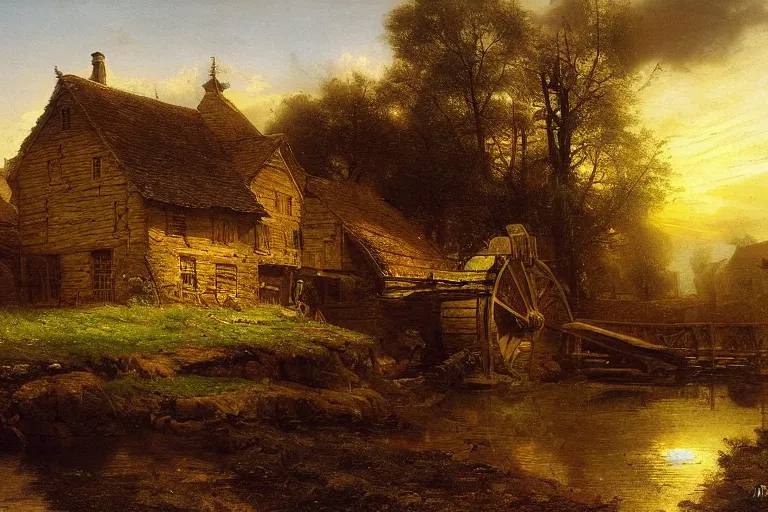 Image similar to a paint of a watermill golden hour by andreas achenbach