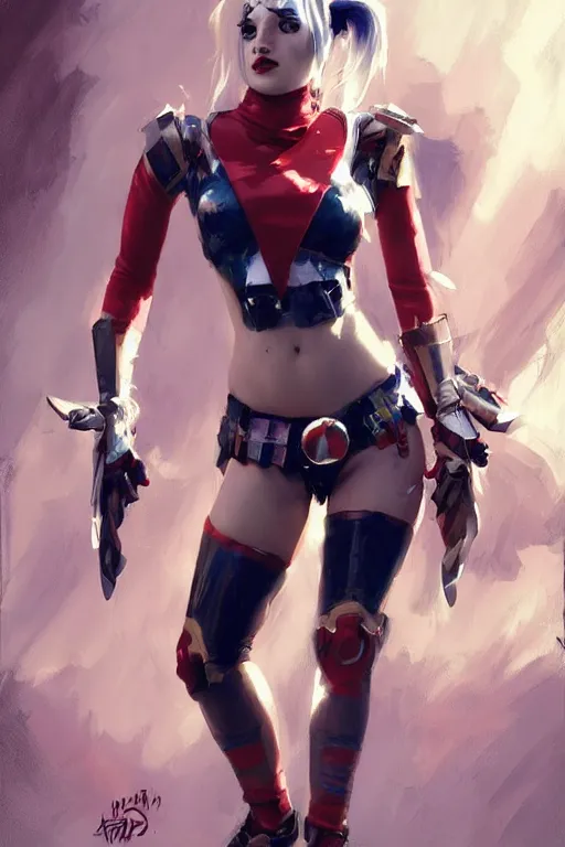 Prompt: Harley Quinn in bikini armor, dc comics, cyberpunk, Warhammer 40000, digital art from artstation by Ruan Jia and Mandy Jurgens and Artgerm and william-adolphe bouguereau