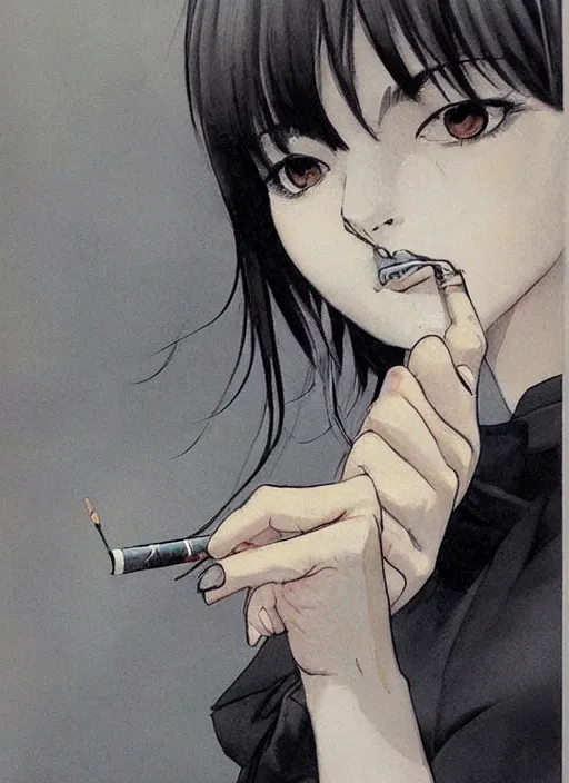 Prompt: portrait of a beautiful girl smoking a cigarette, by takehiko inoue and kim jung gi and hiroya oku, masterpiece illustration, ultrarealistic!!!!!!!!!, perfect face and anatomy, golden ratio