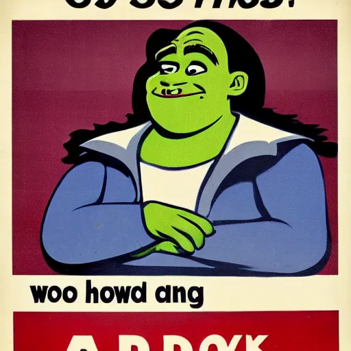 Image similar to 1 9 5 0 s style labor poster of shrek working as a retail worker