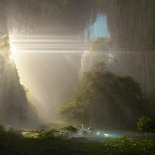 Prompt: cyber tectonic organic mystical megastructure luminous crystal architectures in the sky like the tree of life, by albert bierstadt, by glen small, by giovanni battista piranesi, photorealistic, god rays, octane render, depth of field, volumetric light, volumetric fog, holy spirit