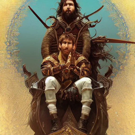 Image similar to Messi sitting on a majestic throne, closeup, D&D style, fantasy, intricate, elegant, highly detailed, digital painting, artstation, concept art, matte, sharp focus, illustration, art by Artgerm and Greg Rutkowski and Alphonse Mucha