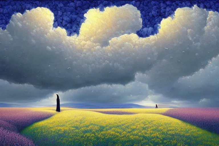 Prompt: giant flower heads, women standing in heather hills, surreal photography, stormy sky, dramatic lighting impressionist painting, digital painting, artstation, rob gonsalves