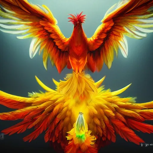 Prompt: legendary phoenix bird with rainbow feathers alighting over a mirror, oil painting, strong colors, hyper detailed,, trending in artstation, cinematic lighting, studio quality, smooth render, unreal engine 5 rendered, octane rendered