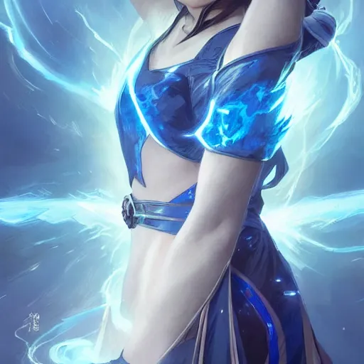 Prompt: japanese lightning goddess, wearing elemental energy d & d, blue color palette, highly detailed, digital painting, artstation, concept art, sharp focus, illustration, cinematic lighting, art by artgerm and greg rutkowski and alphonse mucha