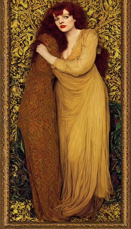 Image similar to preraphaelite full body portrait photography masterpiece hybrid of judy garland and florence welch, reclining, william holman hunt, ford madox brown, brown hair fringe, yellow ochre ornate medieval dress, william morris, framed 4 k