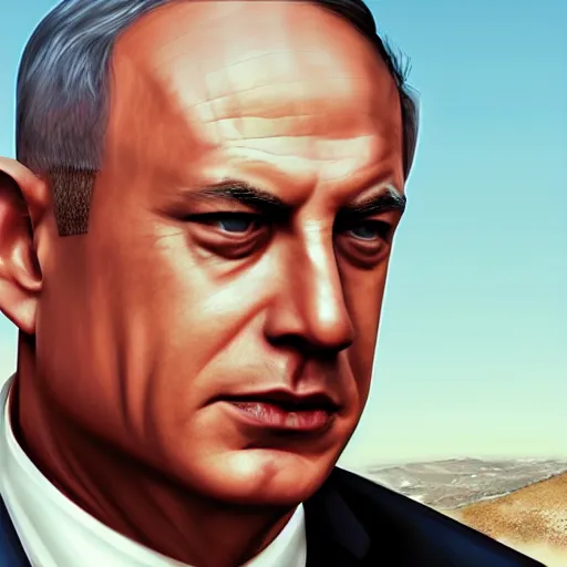 Image similar to benjamin netanyahu in gta v, cover art by stephen bliss, artstation, no text