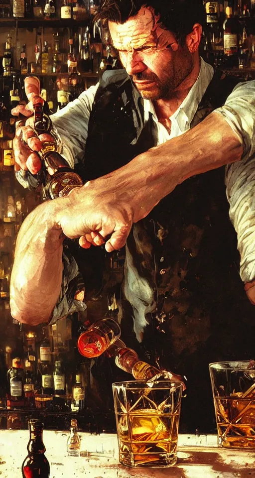 Image similar to close up of bloodied max payne pouring whisky, sun shining, photo realistic illustration by greg rutkowski, thomas kindkade, alphonse mucha, loish, norman rockwell.