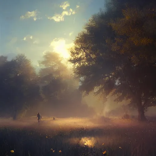 Image similar to landscape, volumetric lighting, dew, spring evening, clear weather, ( few clouds ), realistic illustration, golden hour, perfectly shaded, soft painting, art by krenz cushart and wenjun lin