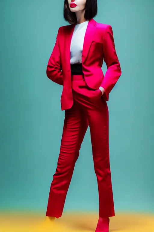 Image similar to realistic photoshooting for trouser suit, bright colors, vhs colour photography, fashion photography, vogue, smooth skin, perfect face, 8 0 mm lens, 1. 2 aperture, cinematic light, agency model img models