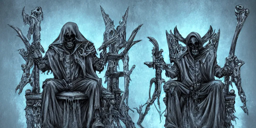 Image similar to Grim reaper sitting on a throne made of skulls, wide shot, digital art, fantasy, concept art, highly detailed, dark colors, blue tint,