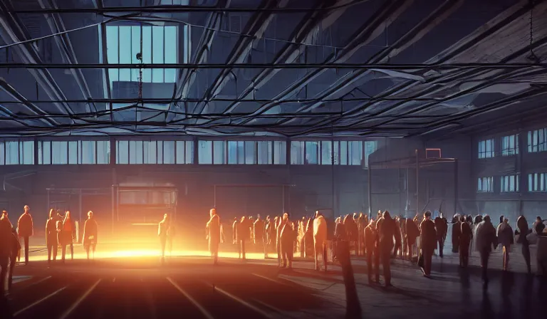 Image similar to group of people in simple warehouse, around a hologram of futuristic city on a table, cinematic concept art, godrays, golden hour, natural sunlight, 4 k, clear details, tabletop model buildings, center model buildings, hologram center, crane shot, crane shot, crane shot