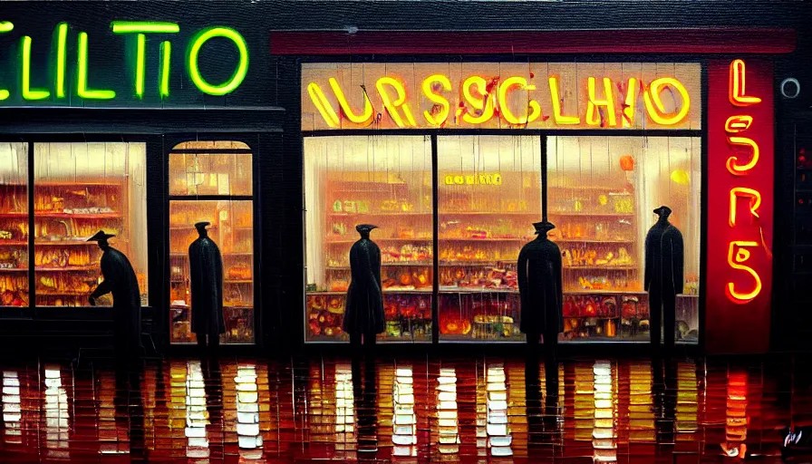 Prompt: oil painting of a neon sign storefront butcher shop, raining, busy street, cyberpunk, romantisism, outrun, synthwave, painting, detailed, by katia chausheva