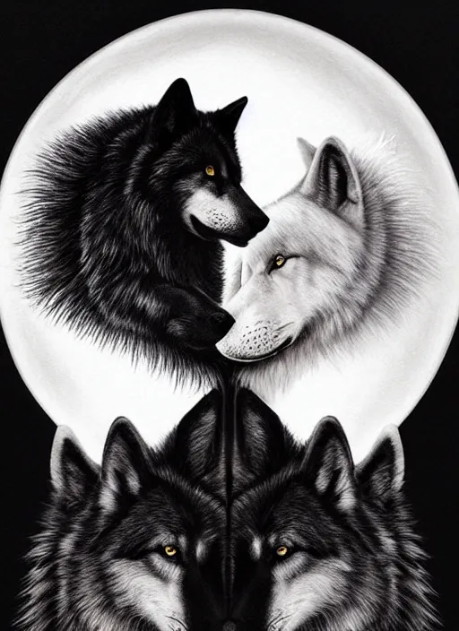 Prompt: a realistic black and white wolf in a yin yang symbol fantasy art, art by collin bogle