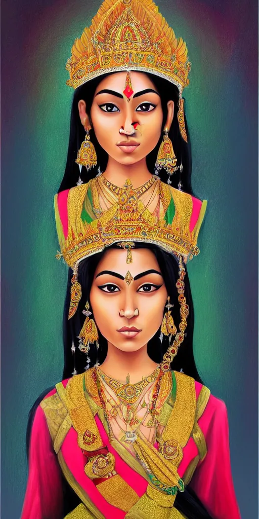 Prompt: painterly portrait of a beautiful asian indian hindu queen mixed with british royal garb trending on artstation