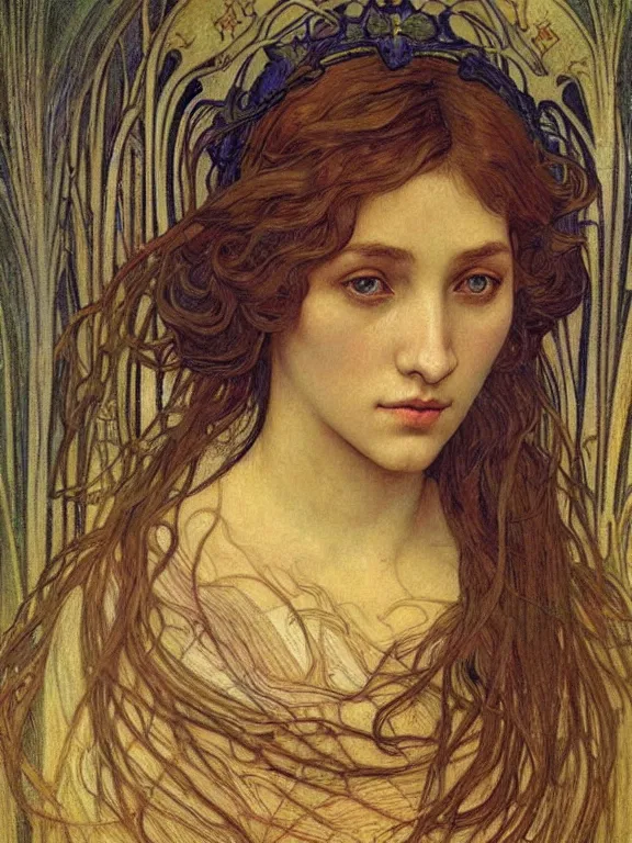 Image similar to detailed realistic beautiful young medieval queen face portrait by jean delville, alphonse mucha, vincent van gogh, and marco mazzoni, art nouveau, symbolist, visionary, gothic, pre - raphaelite