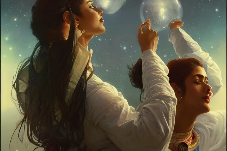 Image similar to Sensual good looking pale young Indian doctors wearing jeans in a space elevator above Earth, portrait, elegant, intricate, digital painting, artstation, concept art, smooth, sharp focus, illustration, art by artgerm and greg rutkowski and alphonse mucha