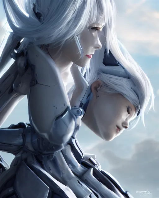 Image similar to perfect white haired girl, warframe armor, beautiful, dreamy, half asian, pretty face, blue eyes, detailed, windy weather, scifi platform, laboratory, experiment, 4 k, ultra realistic, epic lighting, cinematic, high detail, masterpiece, art by akihito tsukushi, akasuki voidstar