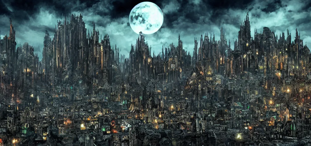 Prompt: Mega City with Monsters flying around it, gothic art, color, eerie, horror, scary, ominous, 8k, highly detailed