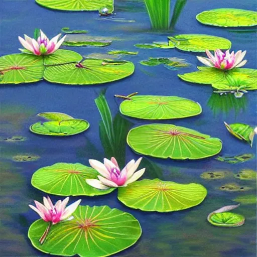 Image similar to perfect frog pattern realistic lily pads in a lake intricate, hyper detailed, realistic, oil painting