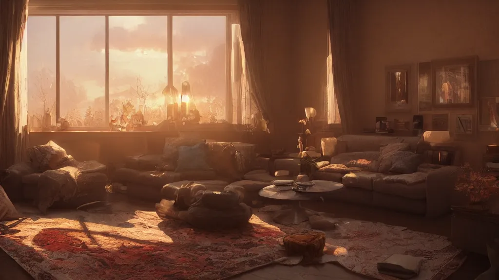 Image similar to a photorealistic hyperrealistic render of an interior of a beautifully decorated cozy living room by pixar, greg rutkowski, wlop, artgerm, dramatic moody sunset lighting, long shadows, volumetric, cinematic atmosphere, octane render, artstation, 8 k