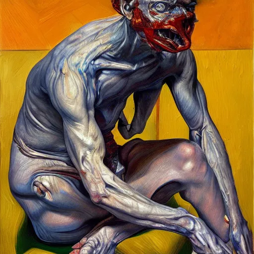 Image similar to high quality high detail painting of a man in agony by lucian freud and edward hopper and jenny saville and francis bacon, hd, dark demonic dancer, turquoise and orange