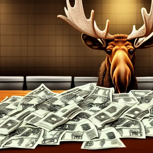 Prompt: a moose behind the counter at a bakery with a suit on piles of money on the counter, trending on art station, 8 k, beautiful lighting