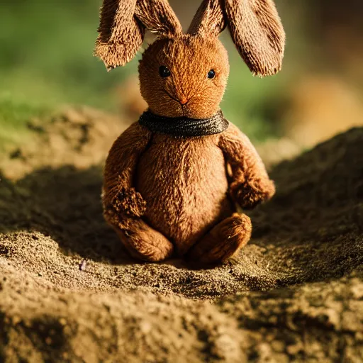 Image similar to a photo of a little brown bunny muppet plush out in nature and wearing a ninja outfit, photorealistic, photography, ambient occlusion, god rays, rtx, national geographic