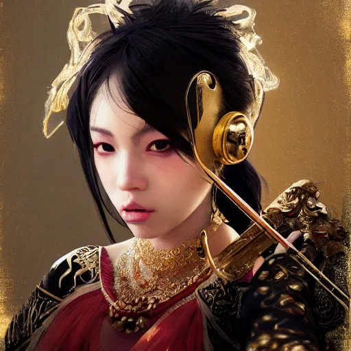 Image similar to the portrait, masked female violinist, exotic costumes, gold jewelry, black hair ， illustration by wenjun lin, irakli nadar, bright colors, octopath traveler, wenjun lin, unreal engine 5 highly rendered, global illumination, radiant light, detailed and intricate environment