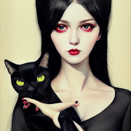 Image similar to a painting of a woman holding a cat, a photorealistic painting by tran nguyen and ilya kuvshinov, featured on deviantart, gothic art, goth, gothic, detailed painting