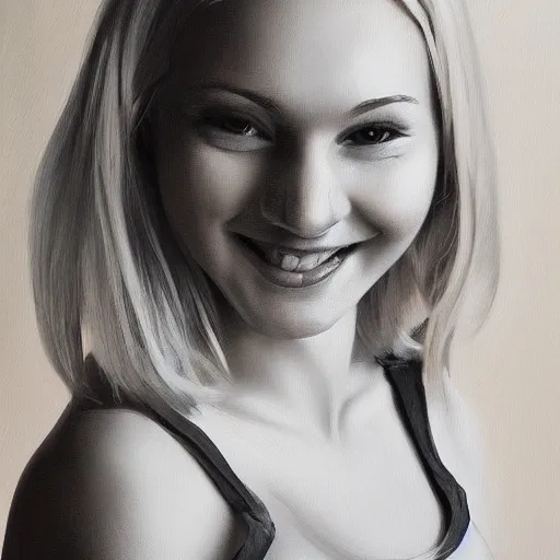 Prompt: portrait painting of woman from scandinavia, 2 0, years old, blonde hair, daz, occlusion, smiling and looking directly, brushstrokes, white background, art