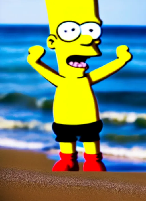 Image similar to professional photo of person looking like bart simpson, he's muscular, on the beach at noonday, blur background, high details, original simpsons cartoon style