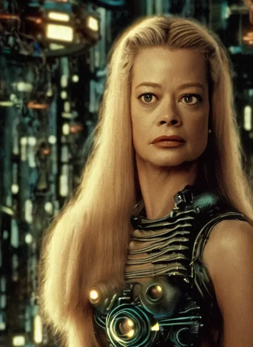 Image similar to 35mm portrait of an intricate and sophisticated borg with the face of young Jeri Ryan , on the background of a weird magical mechanical forest. Round gears visible inside her hear. Very detailed 8k. Fantasy cyberpunk horror. Sharp. Cinematic post-processing