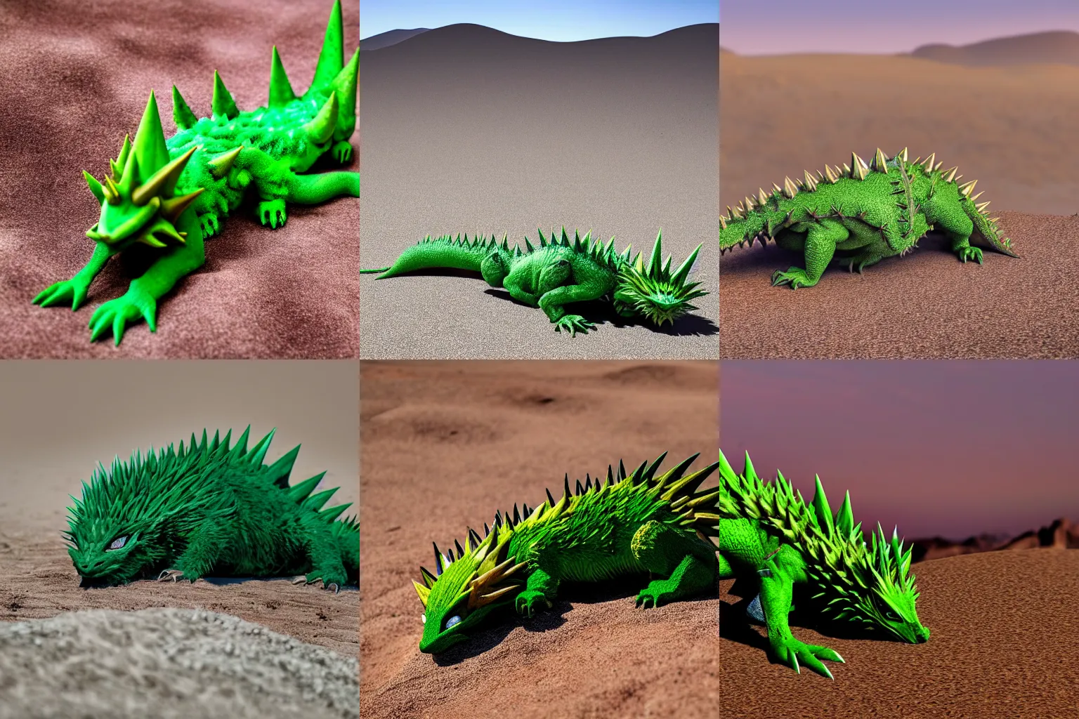 Prompt: hyper - realistic photograph of an evil, green, spiky dragon sleeping in the barren mojave desert. 4 k. cinematic landscape. photorealistic. highly detailed.