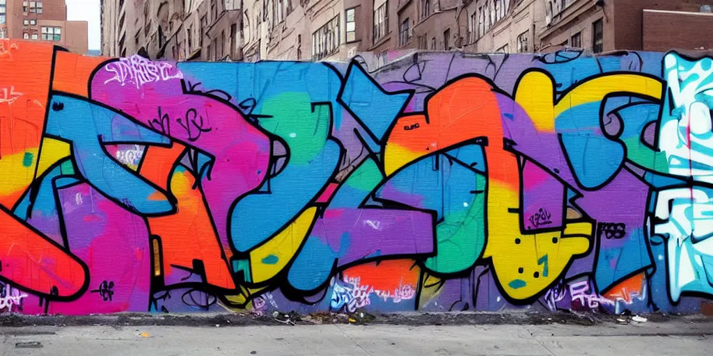 Prompt: beautiful graffiti mural in NYC with the words DOPE ERA in bright color letters, typography, street art, spray paint, hip hop culture