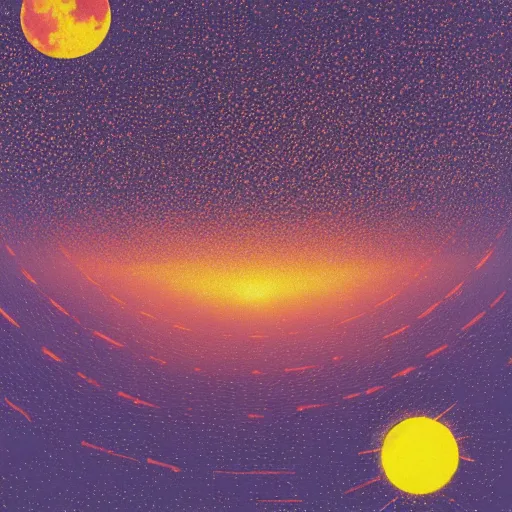 Image similar to harvest moon floating on cosmic cloudscape full of million fireflies, futurism, dan mumford, victo ngai, kilian eng, da vinci, josan gonzalez - h 8 9 6