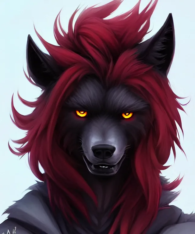 Image similar to character concept art of a black anthropomorphic male furry wolf long red hair | | cute - fine - face, pretty face, key visual, realistic shaded perfect face, fine details by stanley artgerm lau, wlop, rossdraws, james jean, andrei riabovitchev, marc simonetti, and sakimichan, trending on artstation