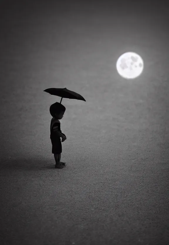 Prompt: little boy standing, holding umbrella in front of playground, at night, full moon, minimalist, black and white artwork, anime style