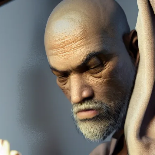 Image similar to a monk looking at broken shards of mirror with his refection in, raytraced, unreal 5 ultra high detail,