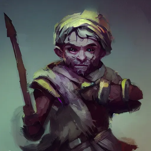 Prompt: duergar male child character portrait with pale purple skin, by Ismail Inceoglu, shabby clothes, leather pouch, wielding knife, grinning, youthful, dungeons and dragons, digital art, art