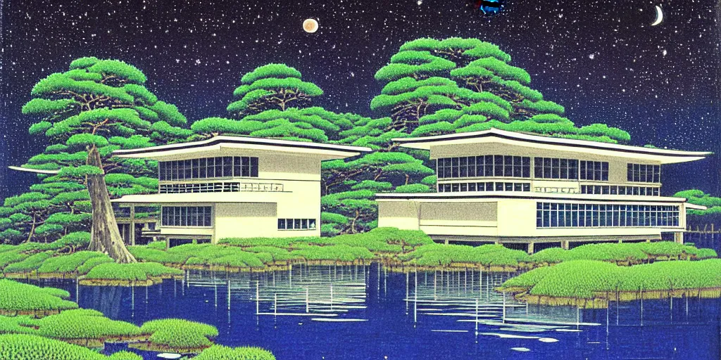 Image similar to painting by Hasui Kawase, atmospheric cozy futuristic organic white concrete house in the middle of a lush and dense forest at night, a beautiful lake next to it, night time, night sky, starry night sky, by Hasui Kawase