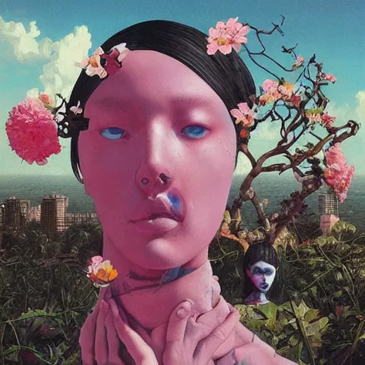 Prompt: Tristan Eaton & Greg Rutkowski, award winning masterpiece with incredible details, Zhang Kechun, a surreal vaporwave vaporwave vaporwave vaporwave vaporwave painting by Thomas Cole of an old pink mannequin head with flowers growing out, sinking underwater, highly detailed