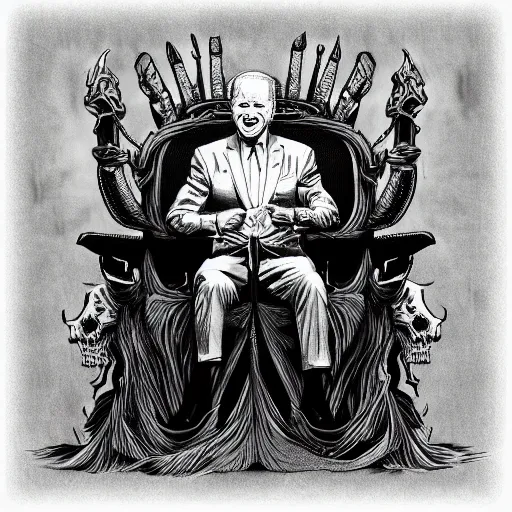 Image similar to Demon Joe Biden sitting on a throne of skulls, digital painting